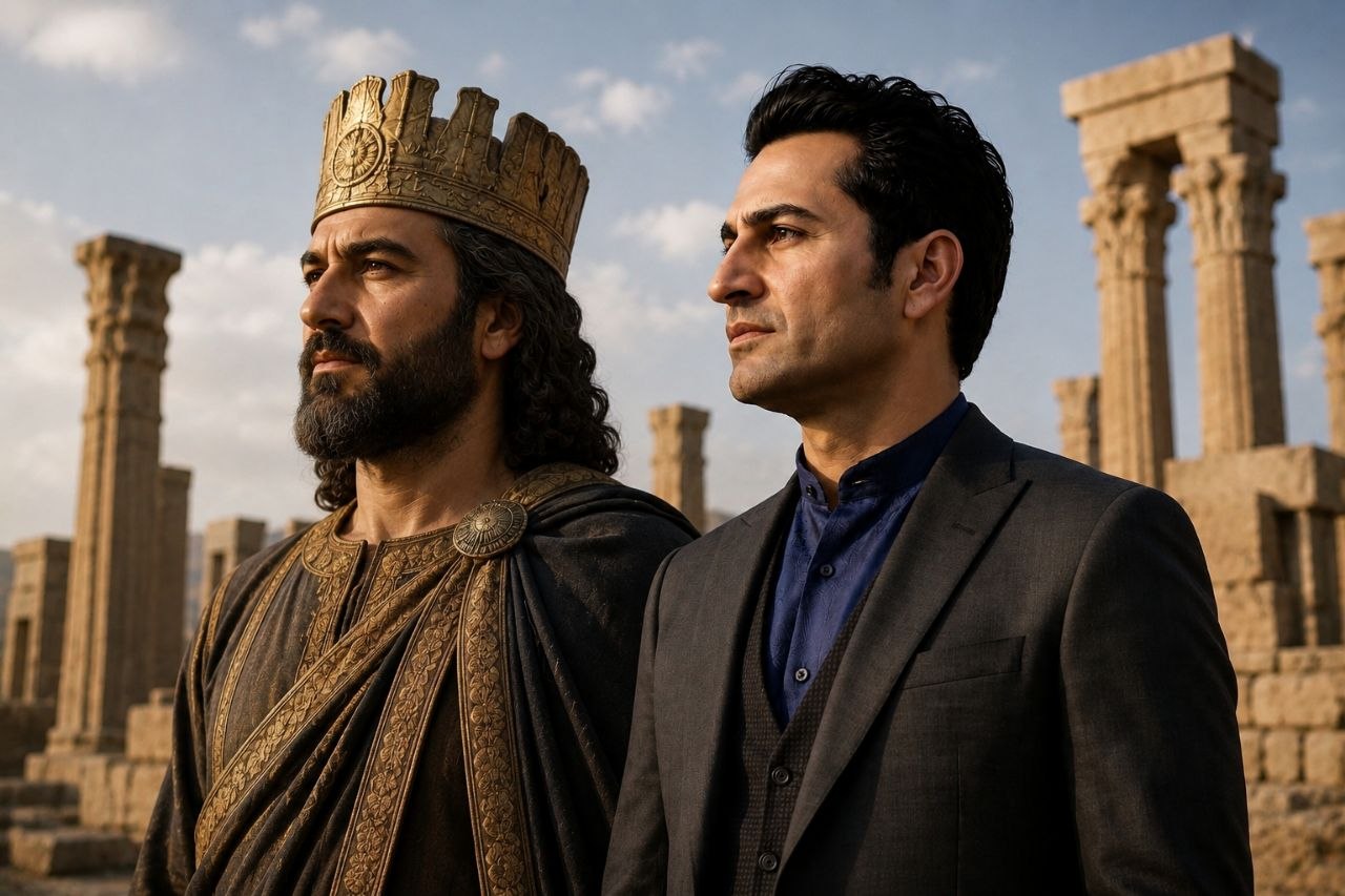Cyrus the Great and the President of the U.S.A.S.F. before the columns of Persepolis